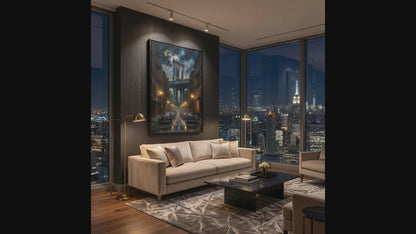 Moody Vintage Cityscape with Brooklyn Bridge at Night - Framed Canvas