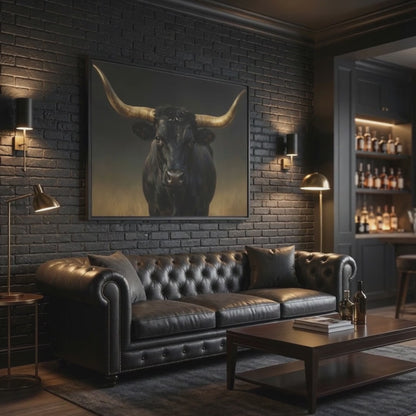 Majestic Black Longhorn Bull Wall Art | Framed Matte Canvas