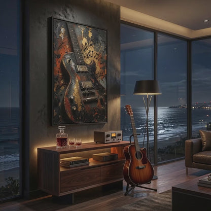 Framed Guitar Canvas Art — Vintage Electric Guitar Shredded Symphony