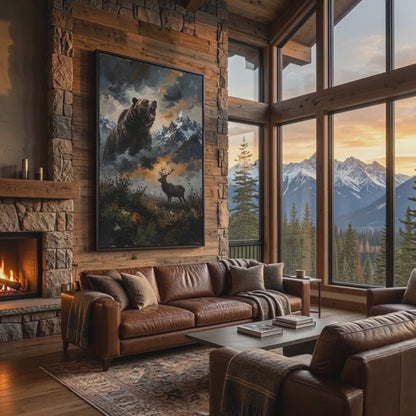 Roaring Bear & Stag Matte Framed Canvas - Wilderness Wall Art