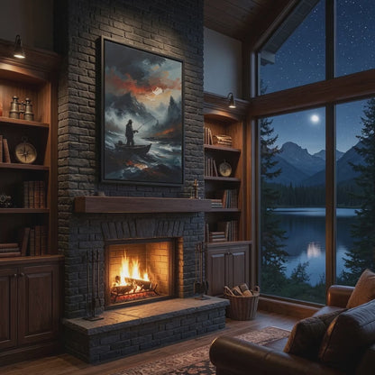 Framed Matte Canvas - Lone Fisherman - Mountain Lake Storm