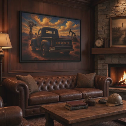 Vintage Chevrolet Oil Field Sunset | Framed Canvas Wall Art