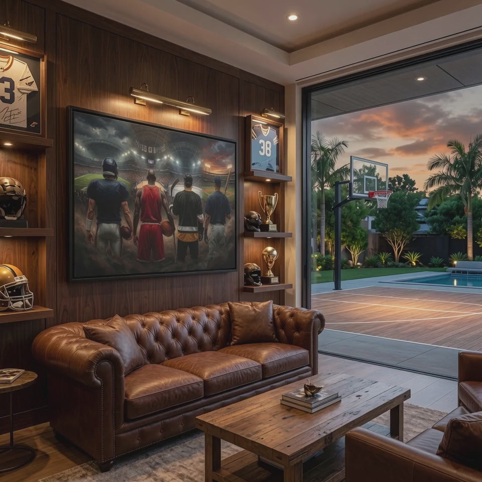 legends of the game sports canvas in a luxurious sports collectors home 