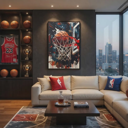 Basketball Hoop Splash Art Matte Canvas Frame | Sports Wall Art