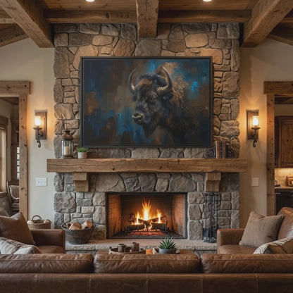 Framed Bison Canvas Art - Rustic Blue & Brown Wildlife Wall Decor