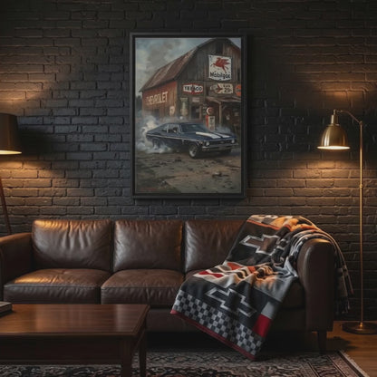 Chevy Muscle Car Canvas Framed | Rustic Gas Station Wall Art