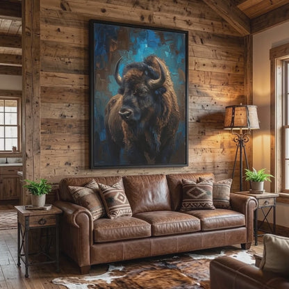 Framed Bison Matte Canvas Wall Art - Rustic Buffalo Portrait