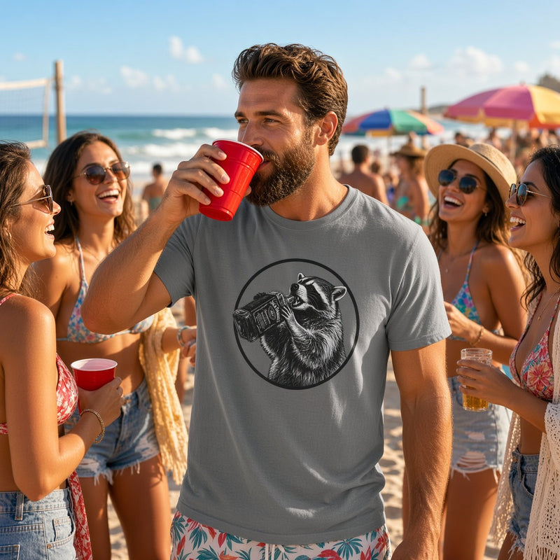 Men's grey T-shirt with raccoon-and-whiskey graphic on the chest
