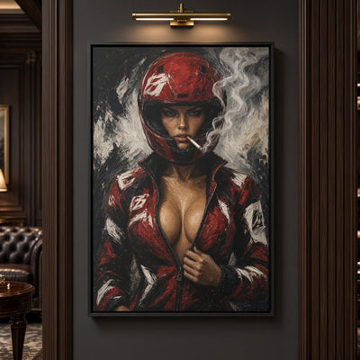 Framed portrait canvas of a race girl in a red helmet with smoky gray background