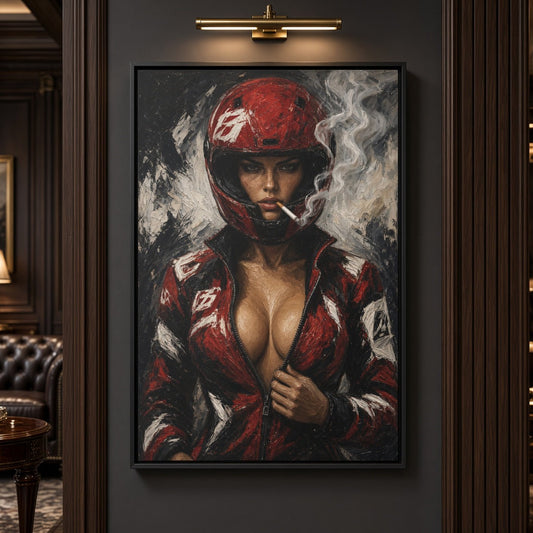 Framed portrait canvas of a race girl in a red helmet with smoky gray background