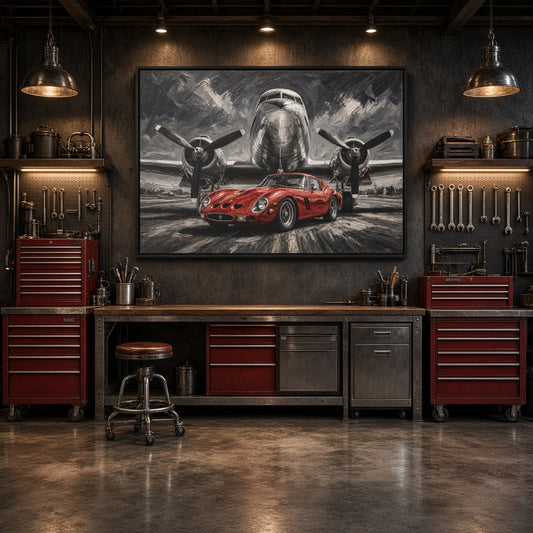 Black-framed canvas showing a red vintage race car beneath a jet plane