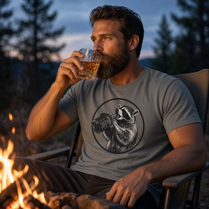 Men's grey T-shirt with raccoon-and-whiskey graphic on the chest