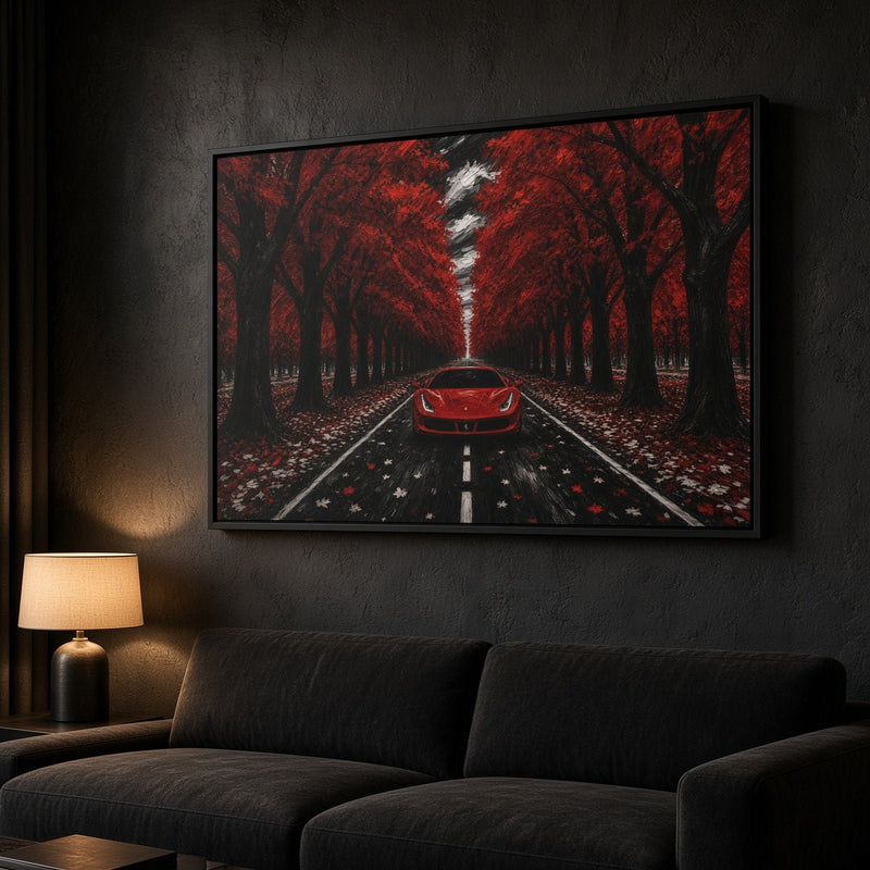 Framed canvas wall art depicting a red sports car on an autumn path under light