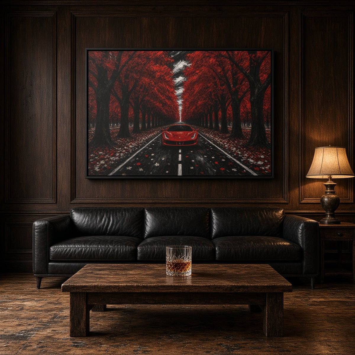 Framed canvas wall art with a red sports car on a glowing road through autumn trees