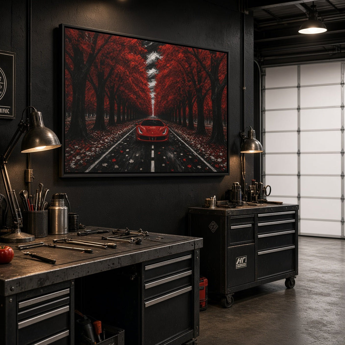 Framed canvas wall art of a red sports car centered on a leaf-covered highway