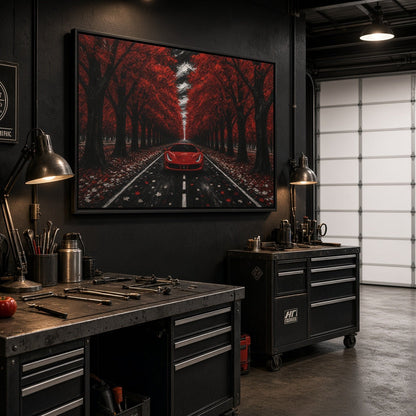 Framed canvas wall art of a red sports car centered on a leaf-covered highway