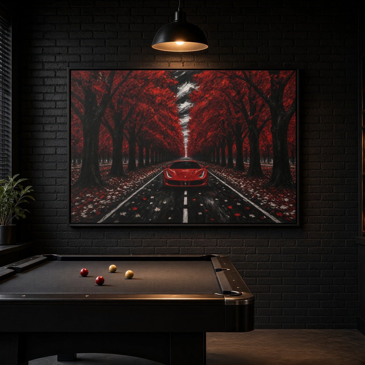 Framed canvas wall art showing a red sports car in a red tree-lined road