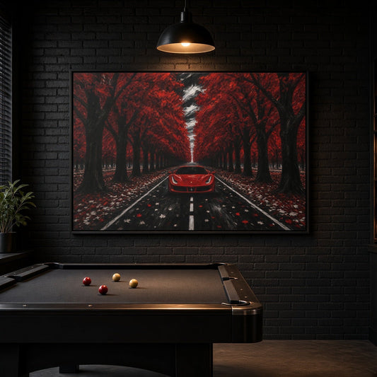 Framed canvas wall art showing a red sports car in a red tree-lined road