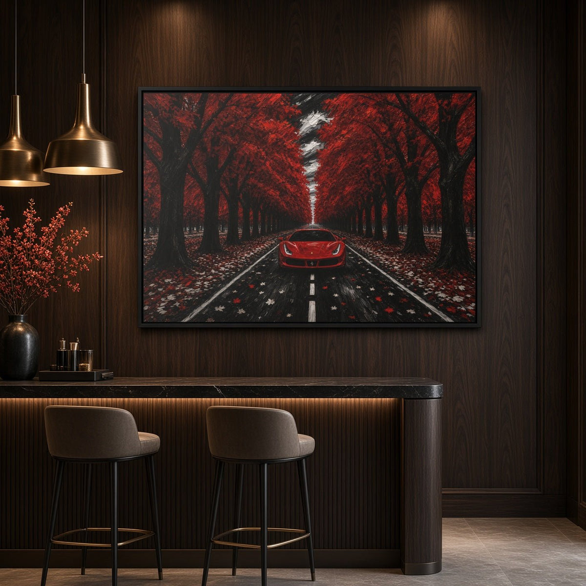 Framed wall canvas art featuring red autumn trees, road, and a red car centerpiece