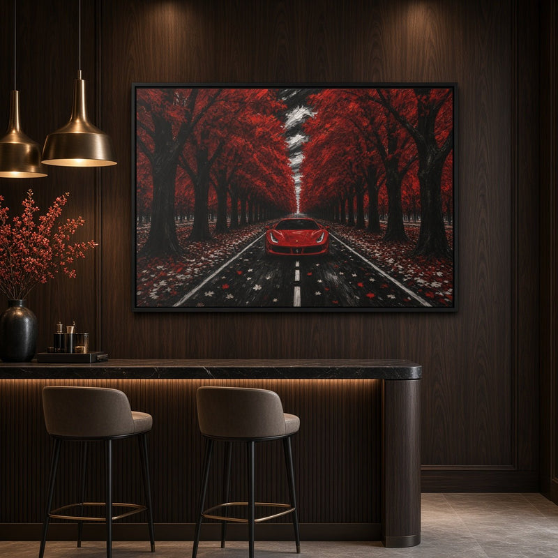 Framed wall canvas art featuring red autumn trees, road, and a red car centerpiece