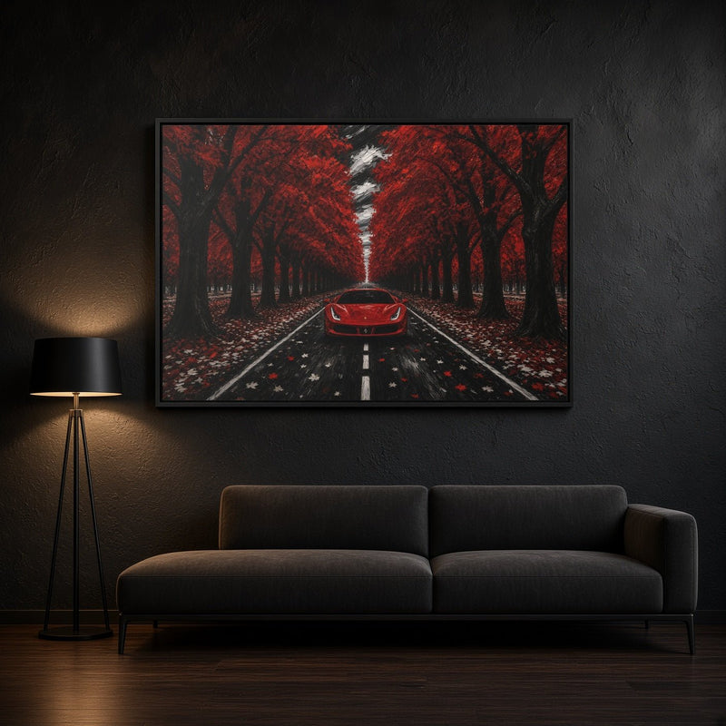 Framed canvas wall art of a red autumn road with a red car at center
