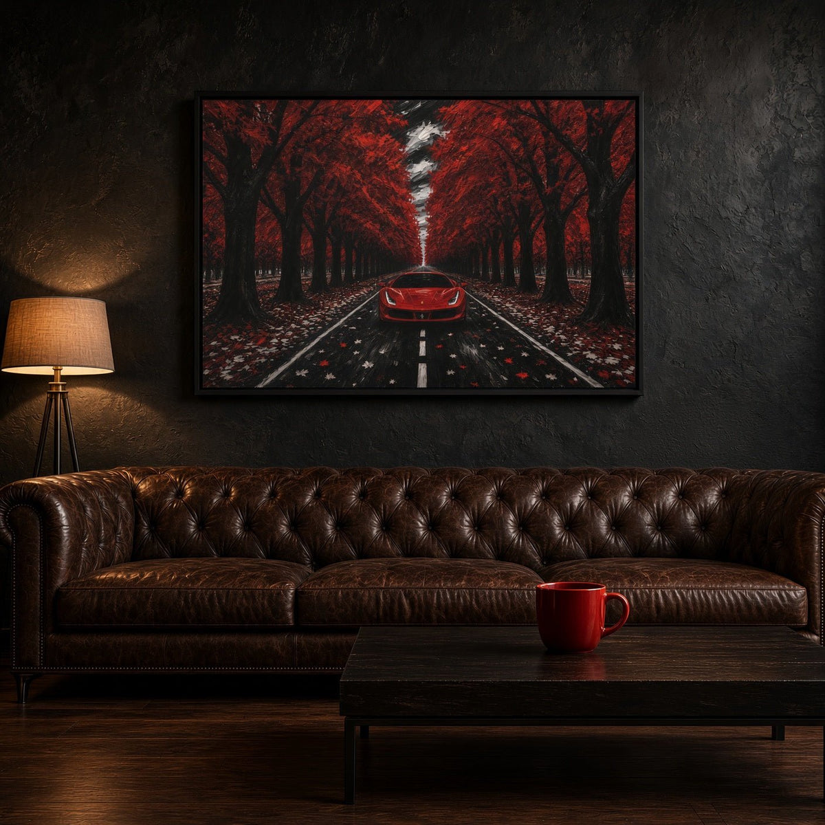 Framed autumn forest road canvas showing a red car centered under street lights