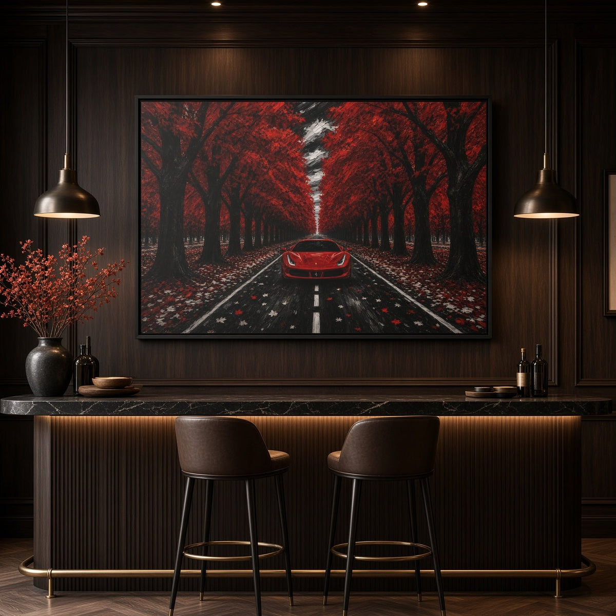 Framed canvas wall art with red autumn road and red car at center