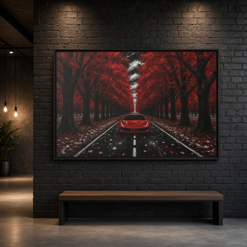 Framed red autumn road canvas with a red car in the middle, black border