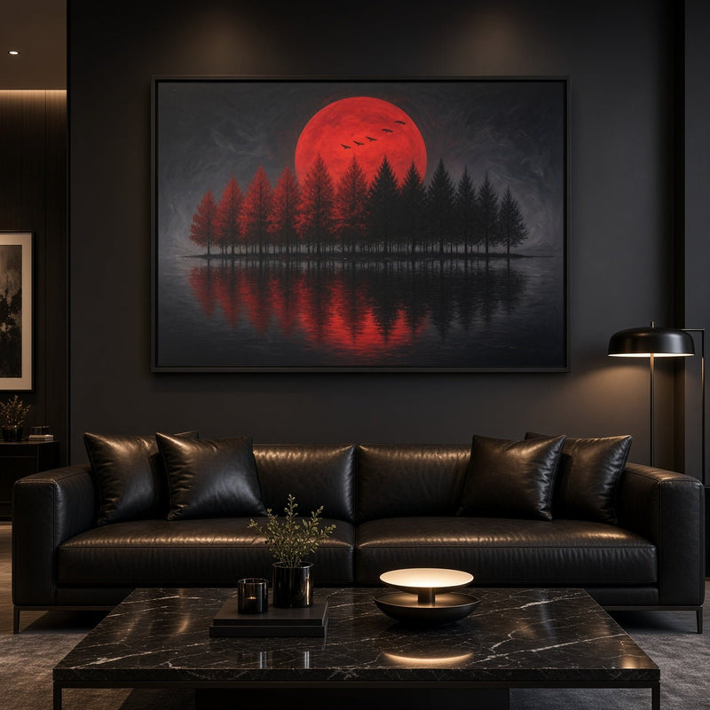 Framed wall art canvas depicting red moon and dark forest across a mirrored lake, black frame