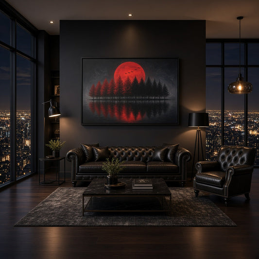 Framed canvas wall art showing red moon and dark forest with reflective lake