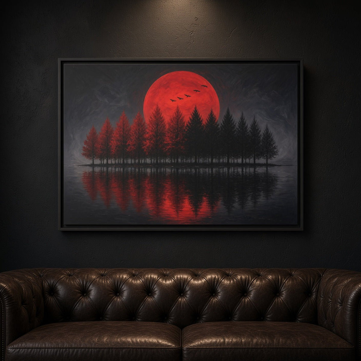 Framed canvas wall art with red moon, dark pine silhouettes, and red lake reflection