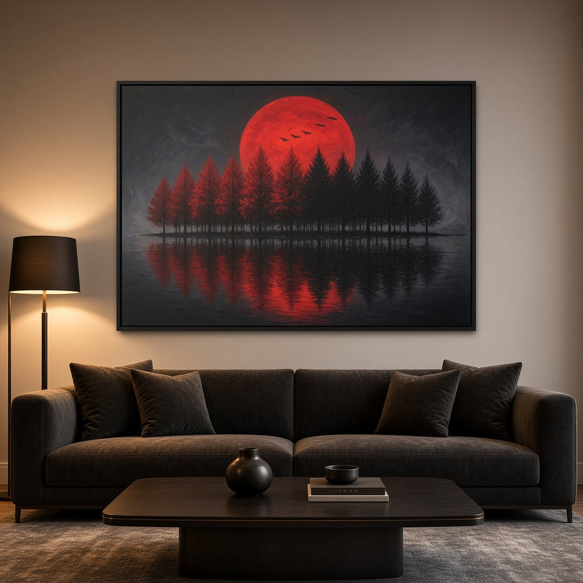 Framed canvas wall art featuring large red moon above pine trees and lake reflection