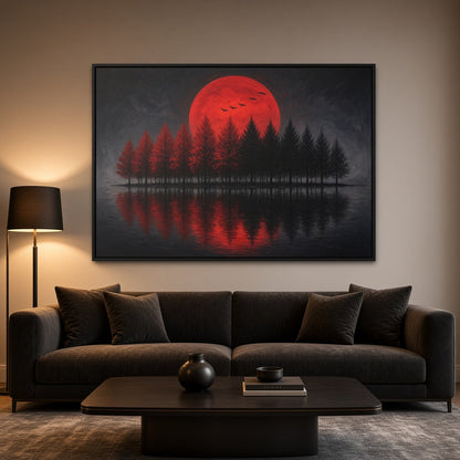 Framed canvas wall art featuring large red moon above pine trees and lake reflection