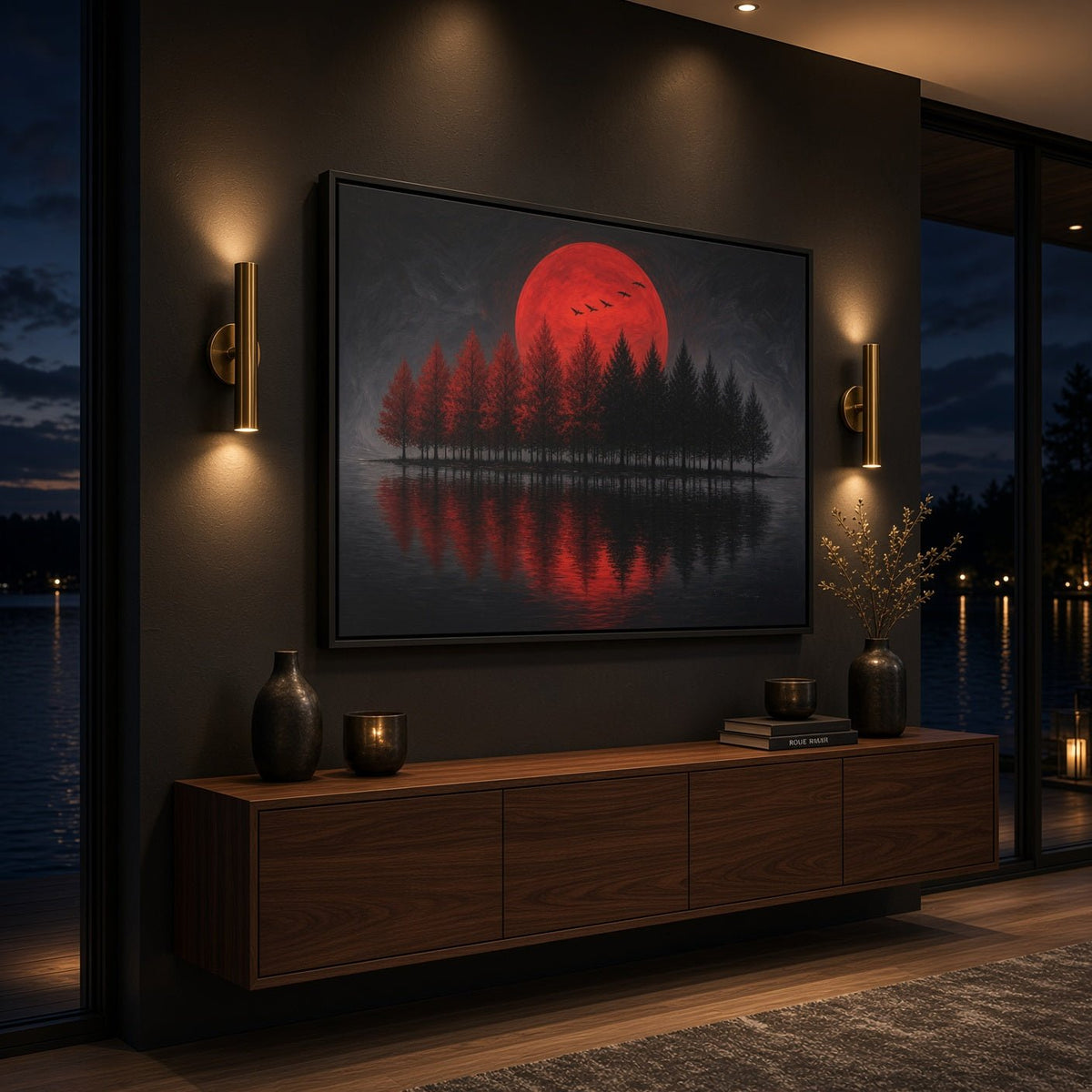 Framed canvas wall art with red full moon over dark forest and mirrored water
