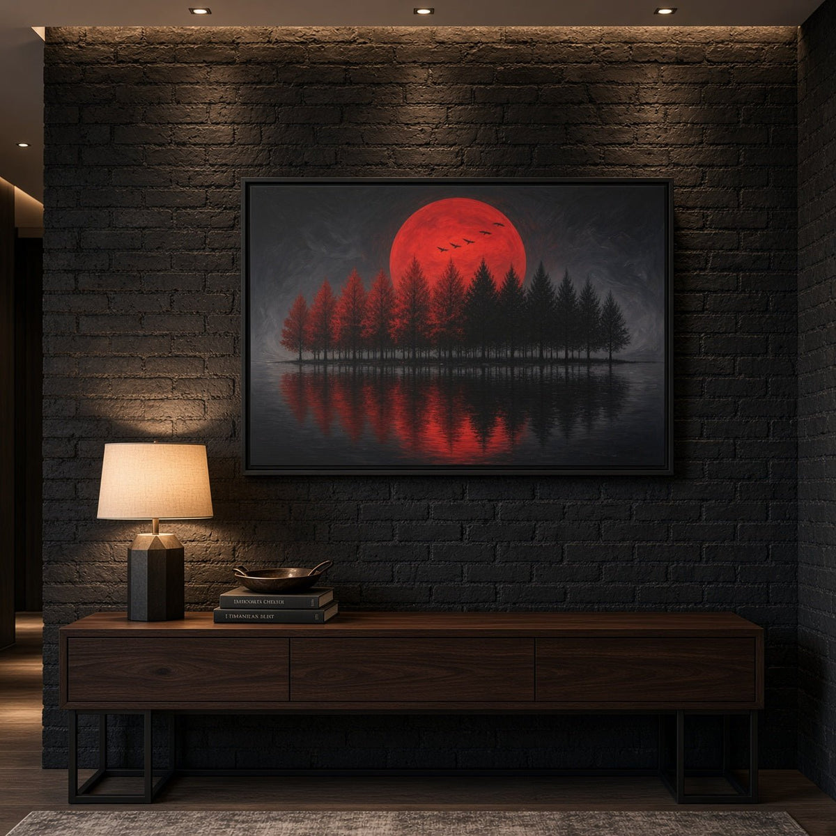Framed canvas wall art with red moon over silhouetted forest and mirrored lake, black frame