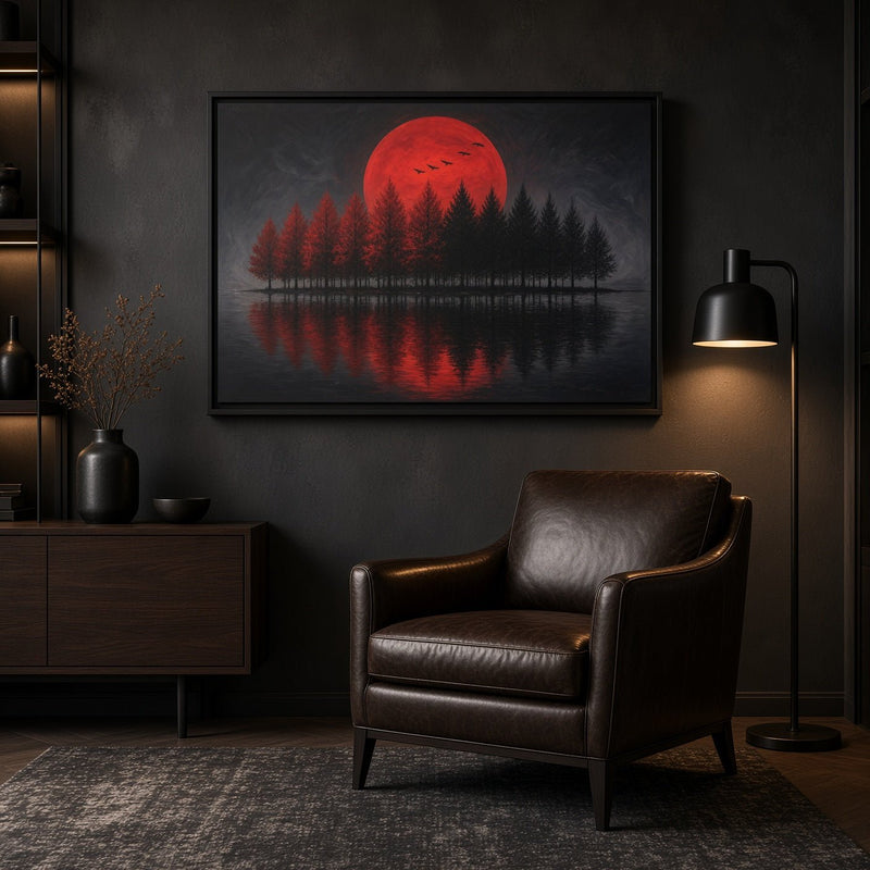 Framed canvas wall art with red moon over dark forest and reflective lake, black frame