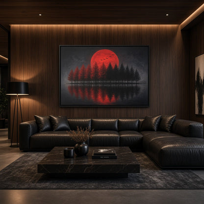 Framed canvas wall art with red moon, pine silhouettes, and lake reflections, black frame
