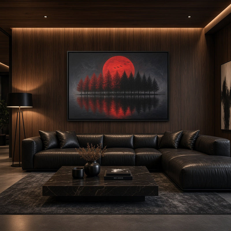 Framed canvas wall art with red moon, pine silhouettes, and lake reflections, black frame