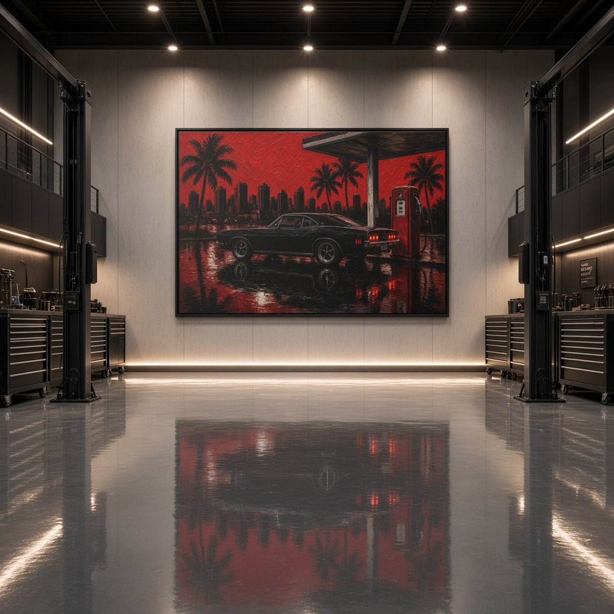 Framed canvas wall art with red palm city, black muscle car, and water reflection