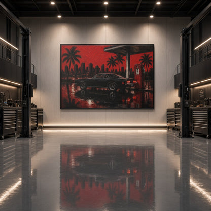 Framed canvas wall art with red palm city, black muscle car, and water reflection