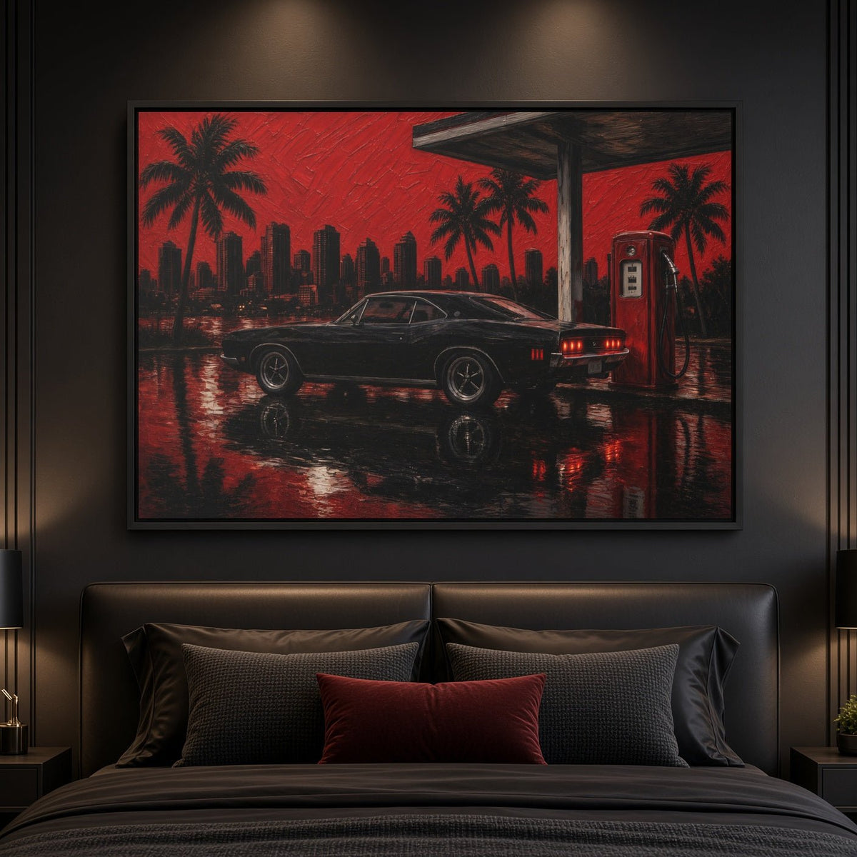 Framed canvas wall art of a black muscle car in a red city night with palm trees