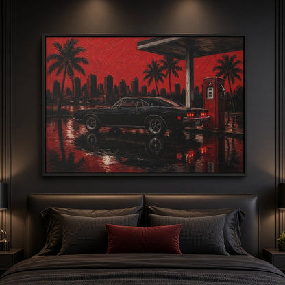 Framed canvas wall art of a black muscle car in a red city night with palm trees