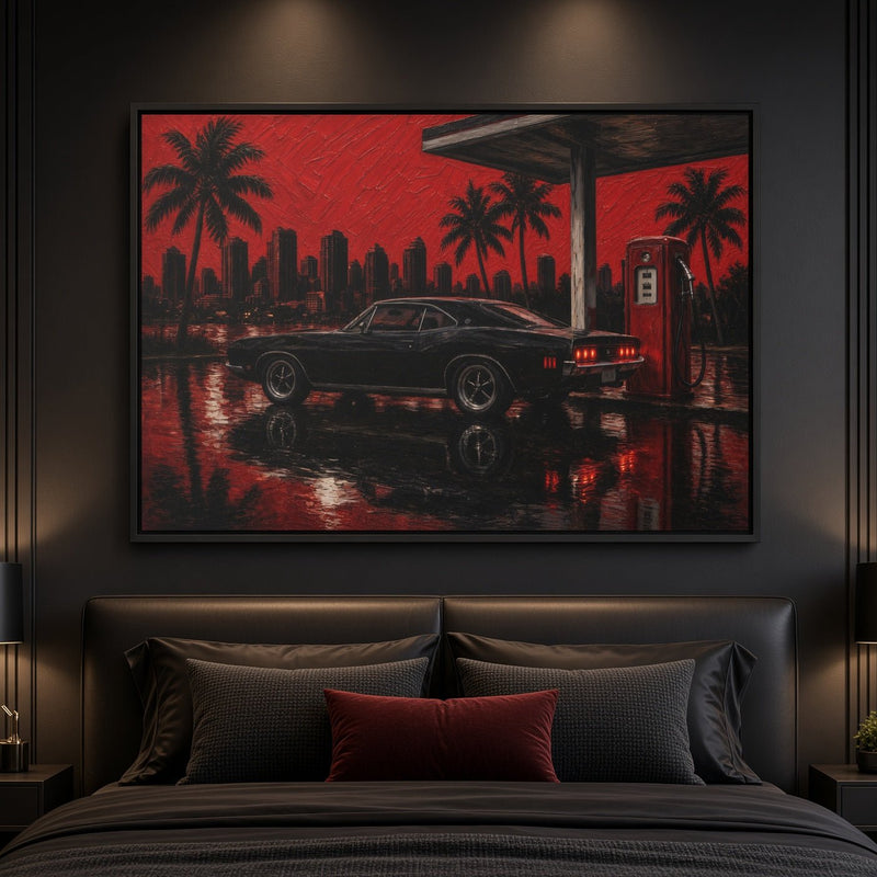 Framed canvas wall art of a black muscle car in a red city night with palm trees
