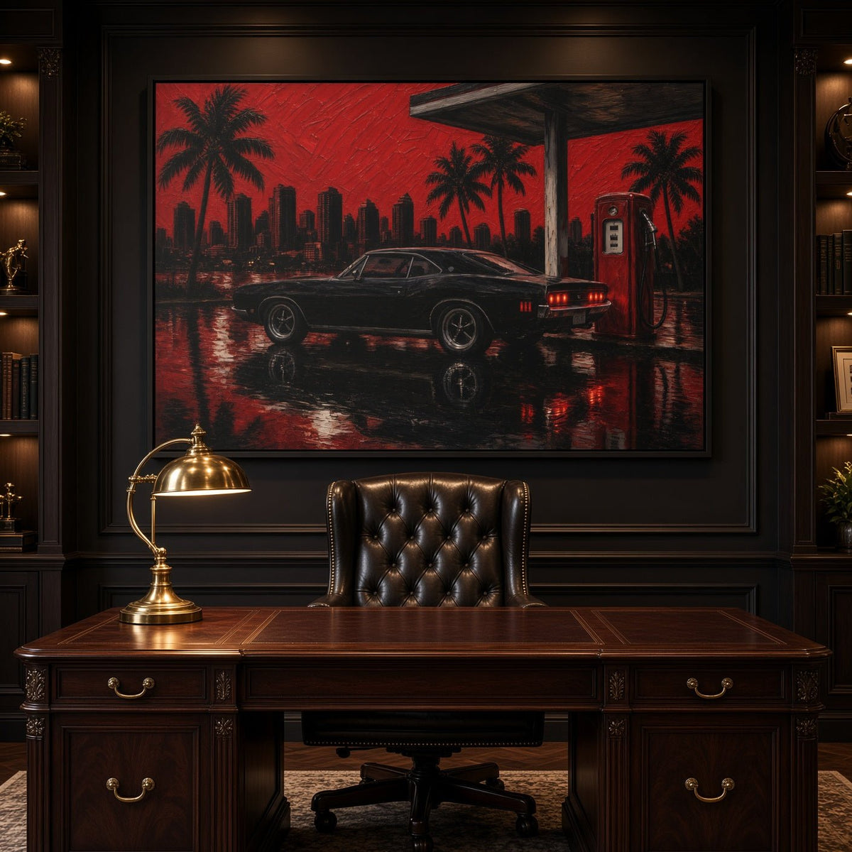 Framed canvas wall art featuring a black muscle car with palms, skyline, and gas pump