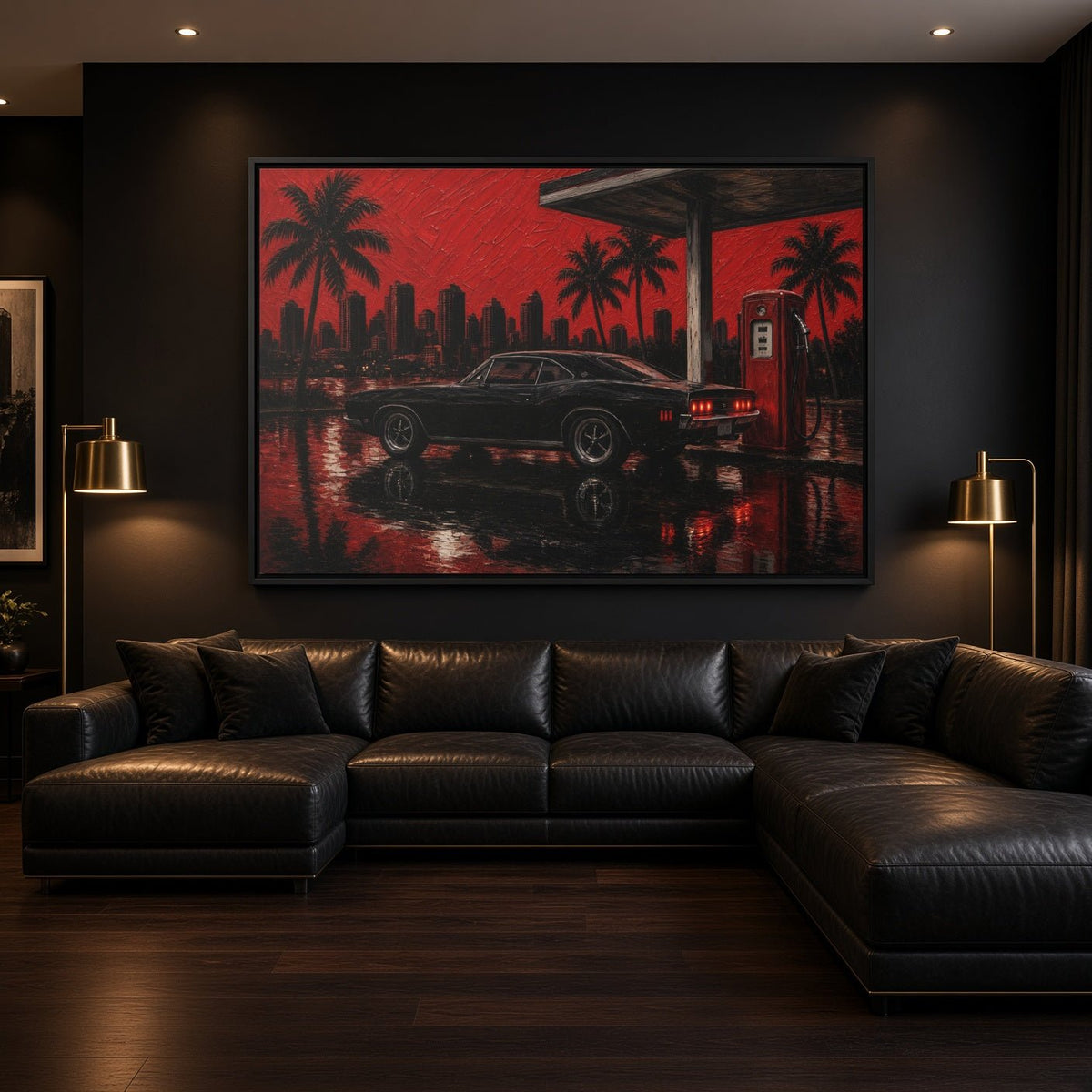 Framed canvas wall art featuring red palm city artwork with a black muscle car
