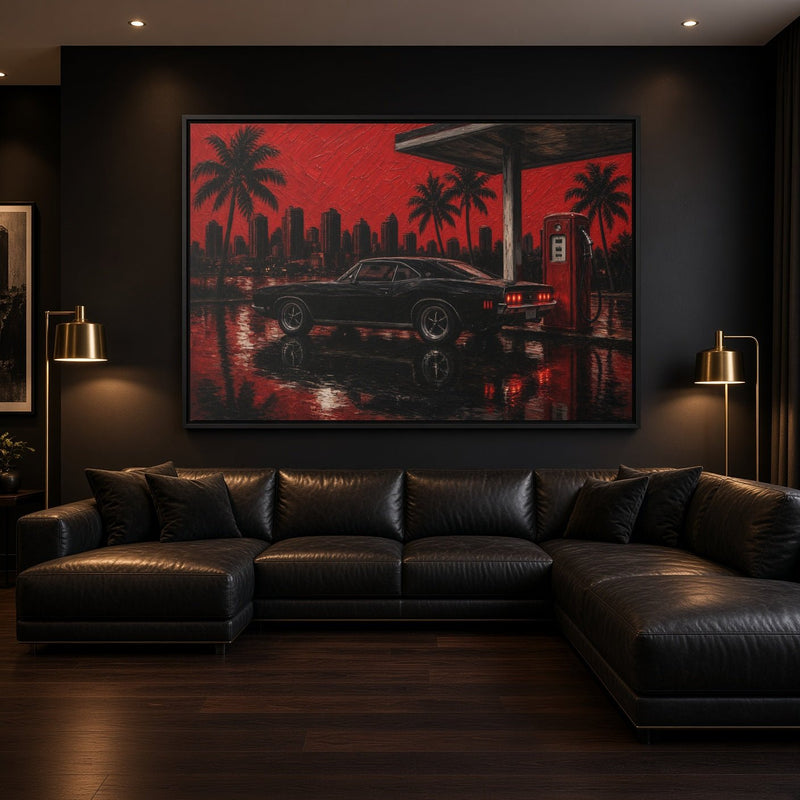 Framed canvas wall art featuring red palm city artwork with a black muscle car