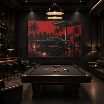 Framed canvas wall art with red skyline, palm trees, and a black muscle car