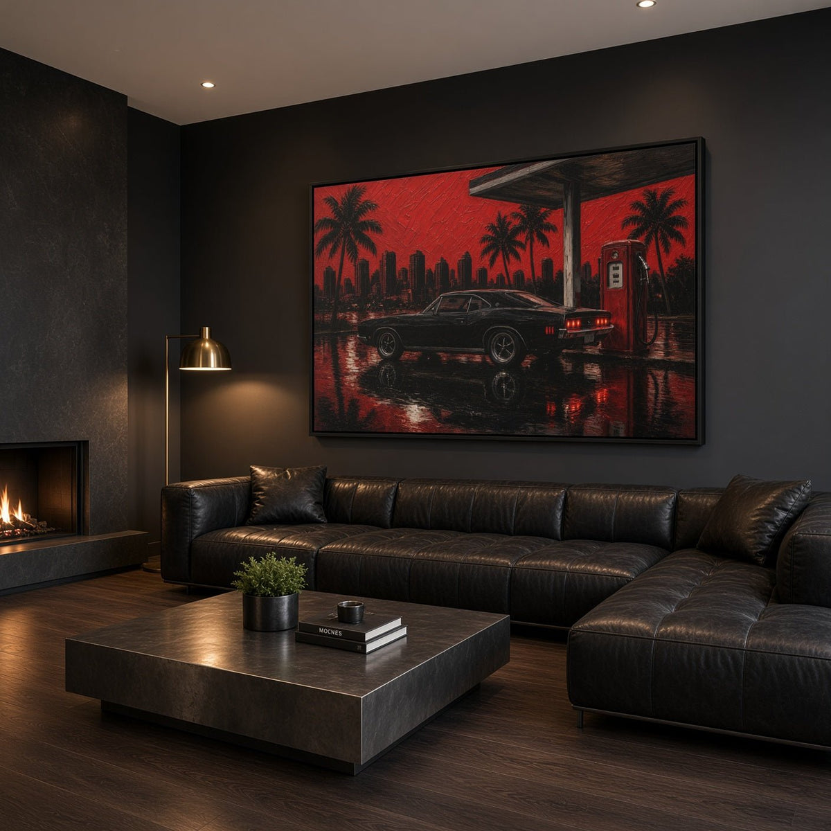 Framed canvas wall art depicting a red tropical city scene with a muscle car at night