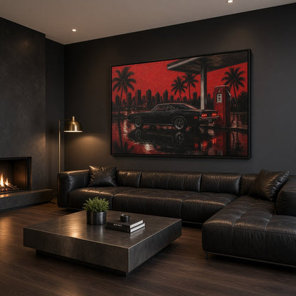 Framed canvas wall art depicting a red tropical city scene with a muscle car at night