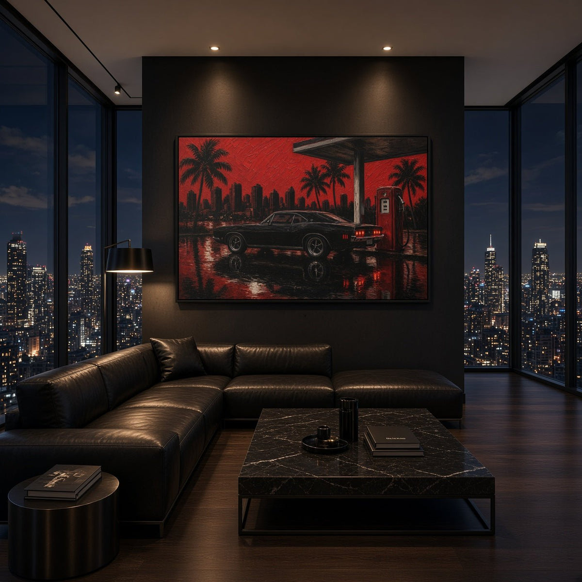 Framed canvas wall art with red palm city nightscape and black muscle car
